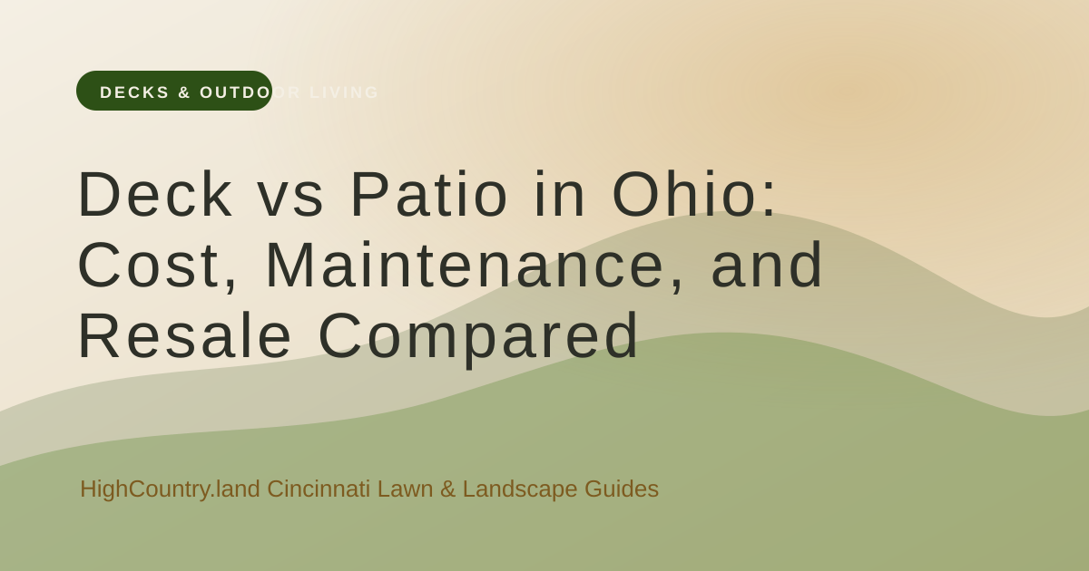 High Country illustrated title card: Deck vs Patio in Ohio: Cost, Maintenance, and Resale Compared