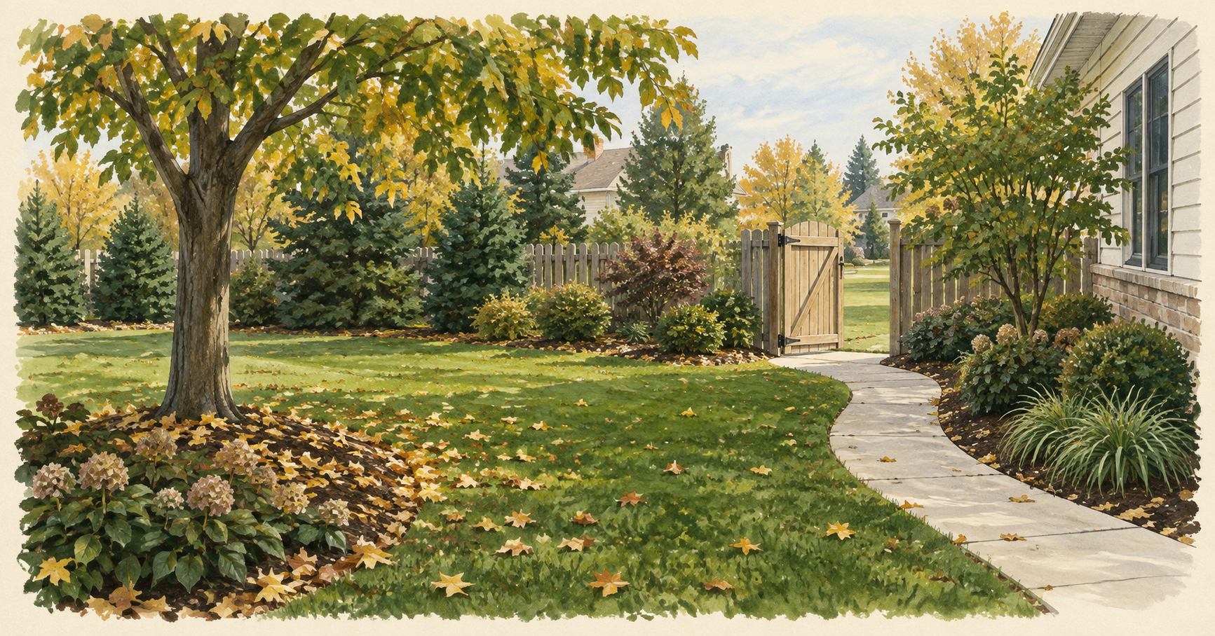 Editorial illustration of an early-autumn suburban lawn, leaves around a planting bed and an open side gate