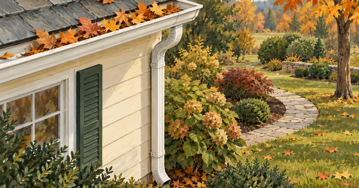 Editorial illustration of autumn leaves in a house gutter above an Ohio garden