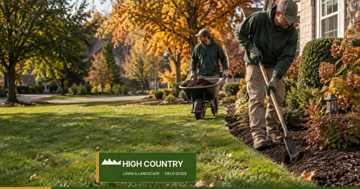 AI-generated editorial image of two landscapers edging a mulched bed and moving mulch in an Ohio-style autumn yard; not an actual High Country project.
