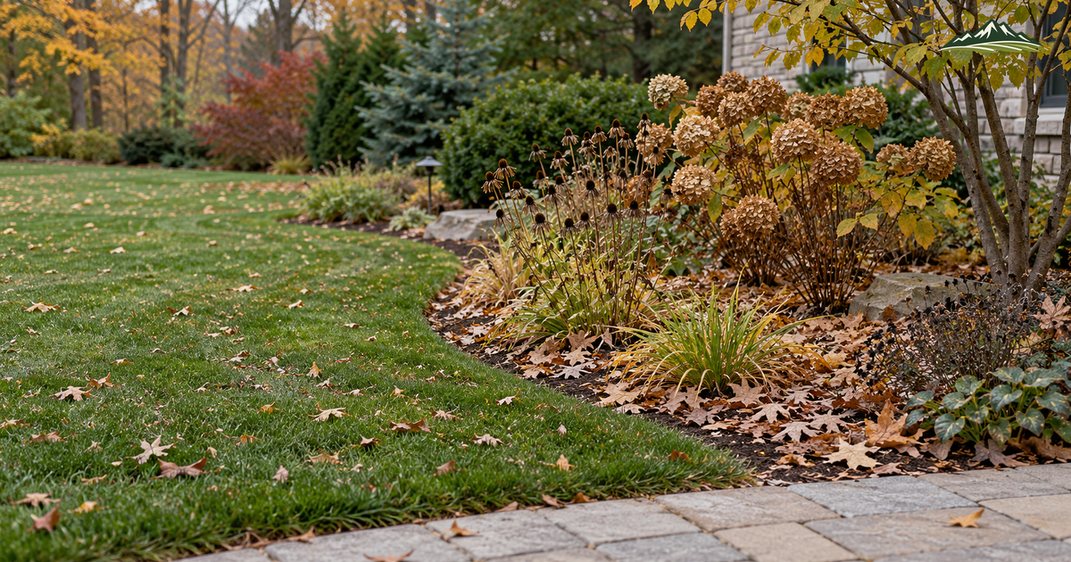 AI-generated autumn garden example with visible grass beside a perennial bed holding whole leaves and a clear paver path.