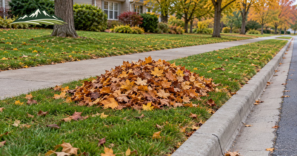 Illustrative autumn leaf pile on a grassy verge with the sidewalk and street gutter left open.